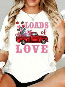 Camiseta con Estampado Gráfico de Camión de San Valentín "Muchos Amores" para Mujer, Estilo Casual, Bonito Estampado de Corazón, Regalo para el Día de San Valentín, 180g, para Uso en Casa, al Aire Libre, Regalo para Fiesta de San Valentín - Blanco - Ver 7