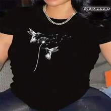 Camiseta De Verano Con Estampado De Colibrí, Top Casual De Manga Corta Para Deportes De Primavera Y Verano, Ropa De Mujer - Negro - Ver 7