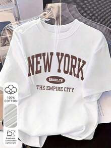 Camiseta holgada de algodón 100% para mujer, estilo vintage de Nueva York/Brooklyn, cómoda, transpirable, informal, estilo retro universitario, manga corta, inspirada en la ciudad clásica, adecuada para la escuela, brunches de fin de semana, viajes y uso diario en la calle. - Blanco - Ver 4