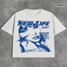 Camiseta Y2K Retro Bold NUEVA VIDA con Estampado de Letras y Estrella Geométrica para Hombre y Mujer - Clásica Manga Corta Cuello Redondo Casual - un Regalo Ideal para Seres Queridos, Amigos y Entusia - Blanco - Ver 2