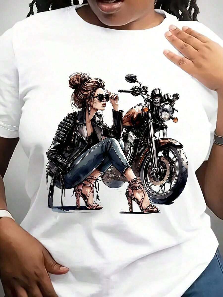 Camiseta Gráfica Retro de Motocicleta para Mujer - Diseño Elegante y Curvilíneo, Camiseta Rosa con Estampado de Mujer y Motocicleta, Perfecta para Conjuntos de Verano, Fiestas y Ropa Casual, Camiseta de Motocicleta - Blanco - Ver 1