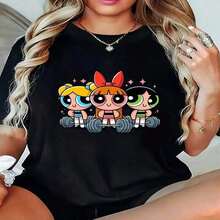 1pc blusas de mujer blusas bonitas para mujeres blusas elegantes para mujer ropa de mujer conjuntos para mujer Las Chicas Superpoderosas camiseta 180g negro y blanco algodón patrón estampado Powerpuff Girls gym algodón alta calidad cuello redondo ajuste básico holgado hombres y mujeres transpirable versátil lavable a máquina cómoda talla S~3XL diaria casual sports verano,Playera Gráfica Oversized Mujer Verano Casual - Negro - Ver 5
