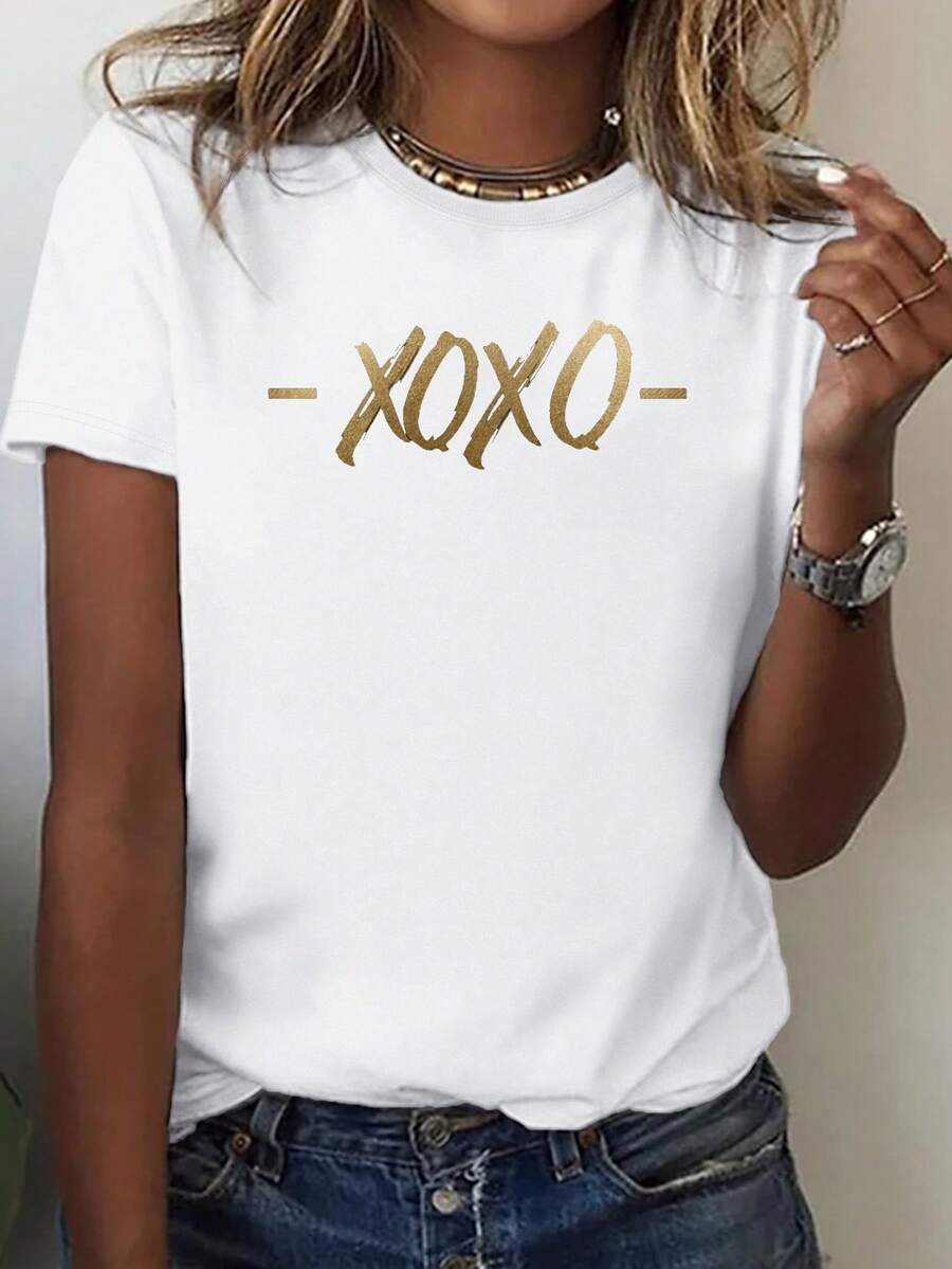Women's Short-Sleeved T-Shirt With Gold Embossed XOXO Letter Print, Casual Black Round Neck Top. - 白色 - 查看 1