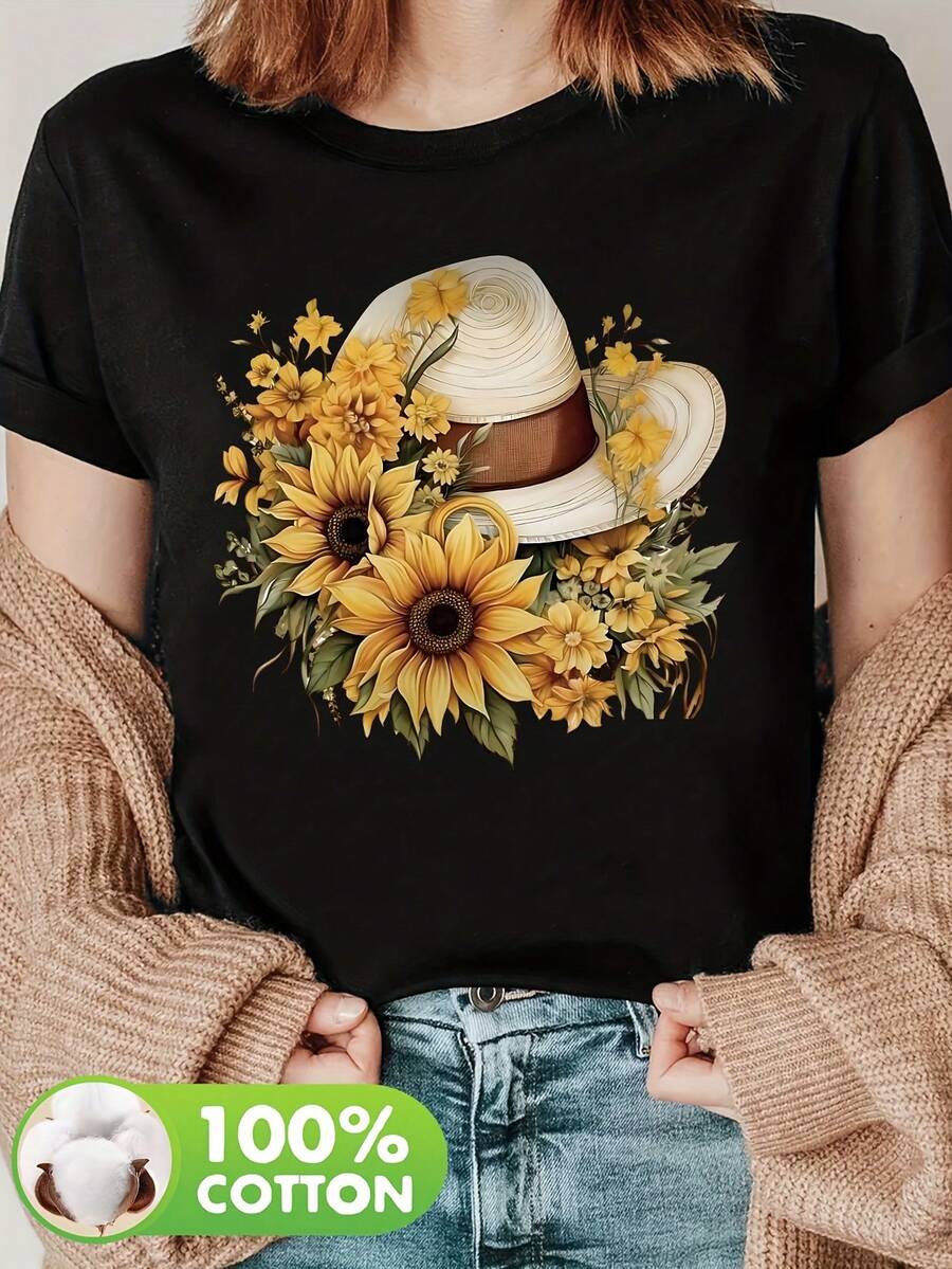 Camiseta Casual de Manga Corta para Mujer - Estampado Artístico Floral y Serpiente en Beige Claro, Top Transpirable Primavera-Verano, Lavable a Máquina, Camisetas Damas, Cómodo Uso Diario, Diseño Vibrante con Girasoles, Tela No Trasparente
