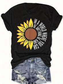 Camiseta de Mujer con Estampado de Girasoles y Eslógan "In A World Be Kind", Cuello Redondo Suave, Manga Corta, Estilo Casual, Color Amarillo Marrón Floral, Camiseta Cómoda para Uso Diario, para Mujer, para Todas las Temporadas. - Negro - Ver 1