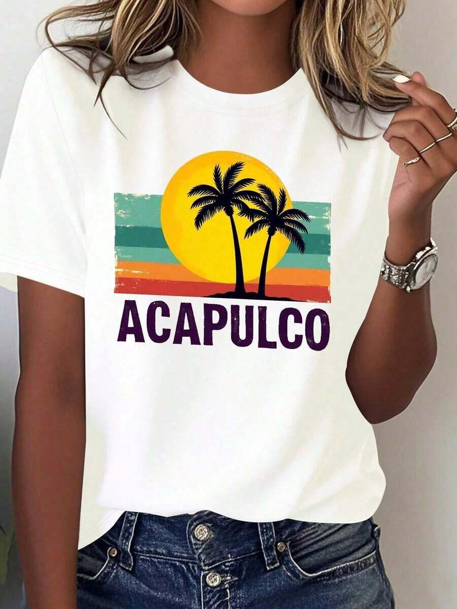 Camisetas Ligeras con Estampados Gráficos para Mujer, Estilo Vintage de los 60, Diseño Mexicano de Playa - Estampado 100% vintage de palmeras y atardecer de Acapulco, combinado con rayas turquesa y naranja - Camiseta casual para vacaciones, adecuada para uso diario y fiestas temáticas - Lavable a máquina, tela suave y transpirable - Patrón geométrico holgado, adecuado para todas las estaciones - Fondo blanco con letras vintage de Acapulco - Diseño nostálgico inspirado en los 60, 100% algodón, una opción popular. - Blanco - Ver 1
