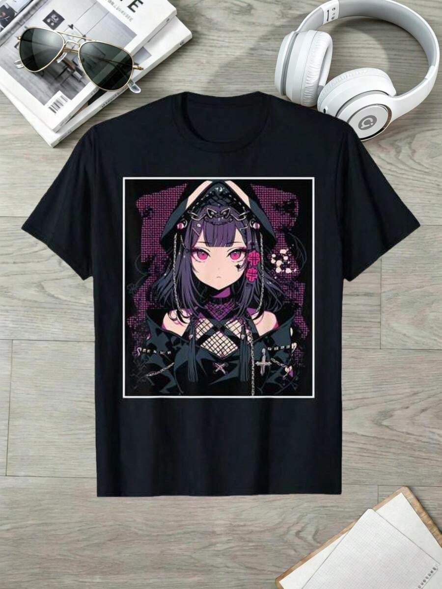 Camiseta Anime Gótico Waifu Estética Japonesa Kawaii Otaku, Camiseta Estampada para Mujer 220G, 100%, Moda Retro Calle Mujer Manga Corta, Cuello Redondo Casual Mujer Manga Corta para Exteriores, Uso D - Negro - Ver 1