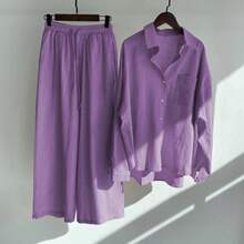 Women's Button-Down Shirt And Wide Leg Pants Two-Piece Loungewear Set, Oversized Top With Chest Pocket, Elastic Waist Pants, Relaxed Fit Silhouette, Casual Minimalist Style, Perfect For Loungewear, Errands, Brunch And Relaxed Outings - Màu tím - Xem 4