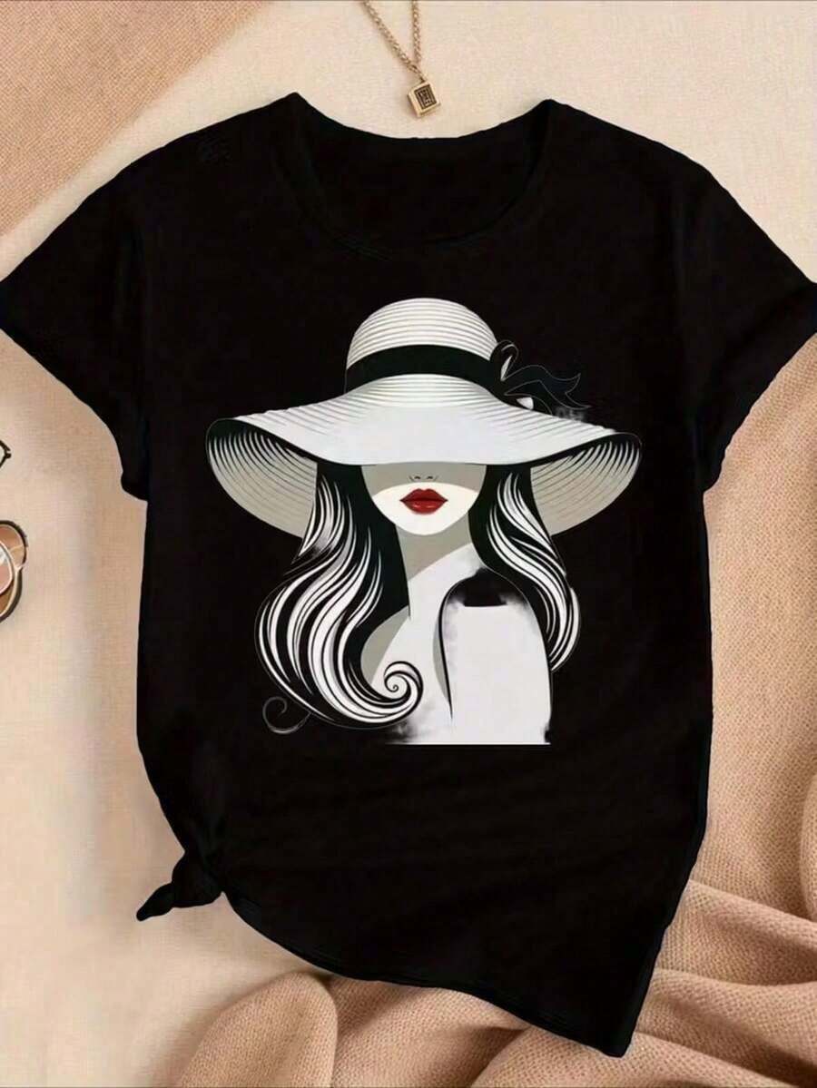 100% cotton Nueva camiseta de cuello redondo para mujer, manga corta, holgada, casual y versátil conestampado de figuras femeninas de diseño, tejido suave y de buena caída - Negro - Ver 1