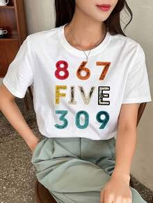 1 pieza con impresión en negrita |   Regalo sorpresa | Camiseta casual de cuello redondo para mujer de 180g, 100% algodón, estilo regular para primavera y verano. - Blanco - Ver 1