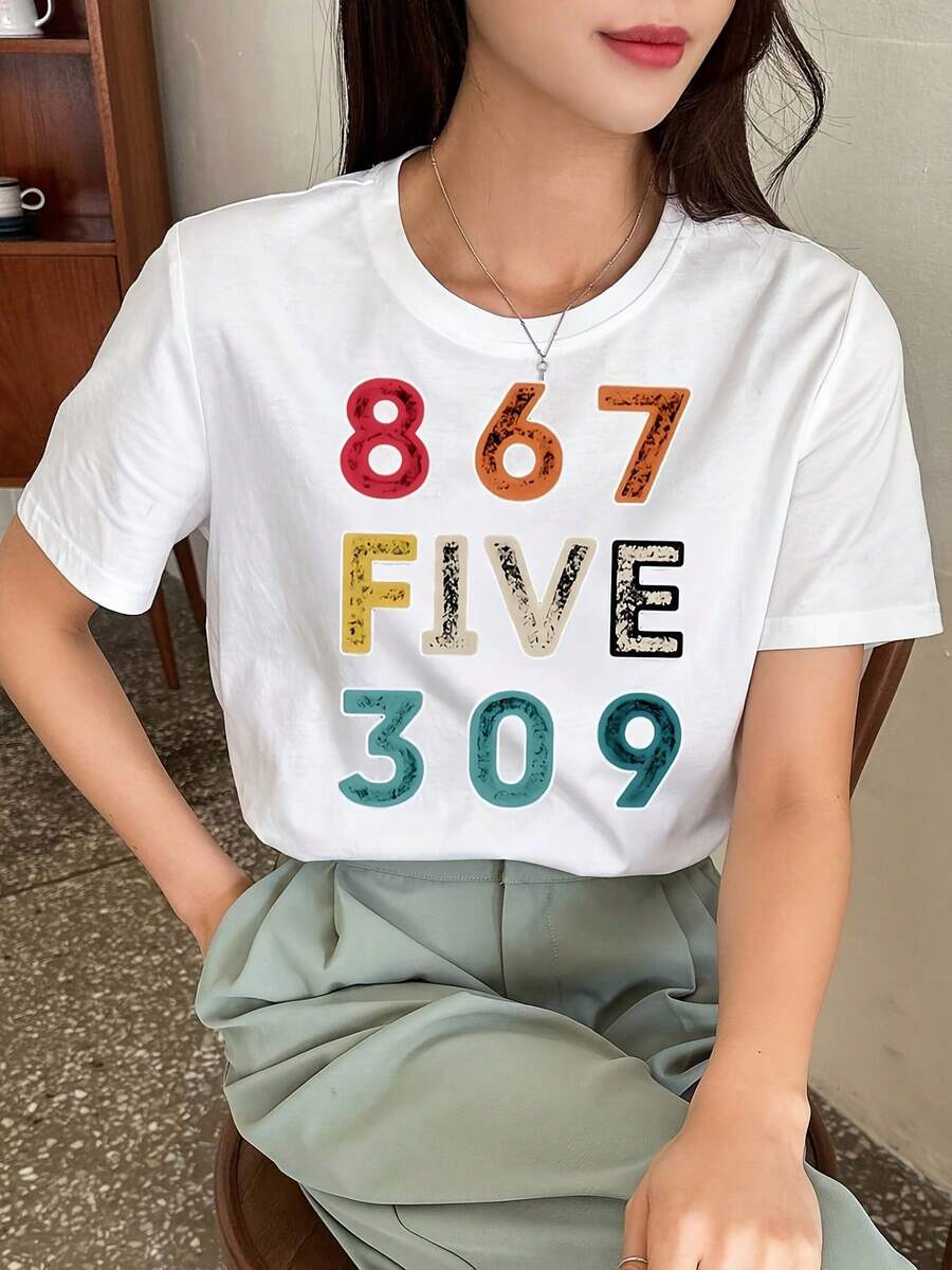 1 pieza con impresión en negrita | Regalo sorpresa | Camiseta casual de cuello redondo para mujer de 180g, 100% algodón, estilo regular para primavera y verano. - Blanco - Ver 1