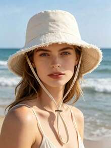 Candy Color Frayed Edge Bucket Hat, Adjustable Drawstring Chin Strap Sun Protection Hat, Vintage Soft Wide Brim Hat, Suitable For Outdoor Travel, Beach Vacation, Unisex Bucket Hat - Multicolor - View 6