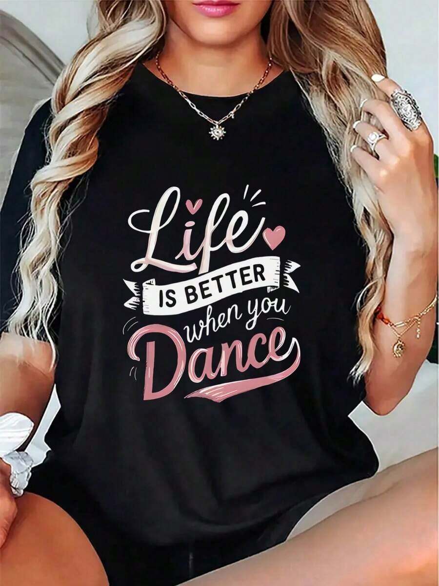 100% cotton Camiseta de mujer con cita inspiradora - "La vida es mejor cuando bailas" con diseño de corazón y estrella, suave negro, ligera y cómoda para uso casual, camiseta de diario| Diseño juguetón| Ajuste cómodo - Negro - Ver 1