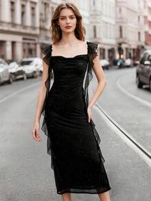 Vestido Midi elegante con tirantes y volantes para mujer, color negro brillante, para fiesta de noche, cóctel, evento, reunión Formal, prenda adecuada - Negro - Ver 4