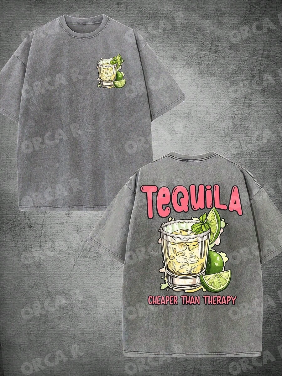 Men's & Women's High-Quality Pure Cotton Short-Sleeved T-Shirt With A Vintage Effect, Soft And Comfortable, With A Loose And Fashionable Fit, Featuring A Design That Includes A Glass Of Tequila And Lime Elements, Along With The Fun Text "TEQUILA CHEAPER THAN Relax", Suitable For Daily Commutes, Outings, Holiday Gifts, Parties And Celebrations. - 水洗棉灰 - 查看 1