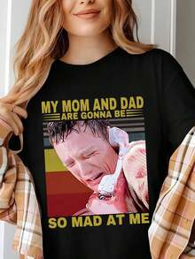 1 camiseta de algodón con estampado "¡Grita! Mi mamá y mi papá se van a enojar mucho conmigo" - Corte relajado, cuello redondo clásico, mangas cortas para mayor comodidad - Perfecta para la temporada de primavera y verano, ideal para salidas informales y uso diario. - Negro - Ver 1