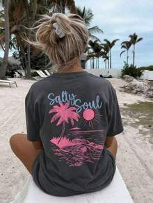 SALTY SOUL Women's Summer T-Shirt 2026, New Spring/Summer Collection, Coconut And Sun Print, Round Neck, Short Sleeve, Casual, Versatile, Essential Garment For Everyday Wear And Vacations. Women's Vacation Print T-Shirt, Loose And Comfortable, Summer Tops - 深灰色 - 查看 11