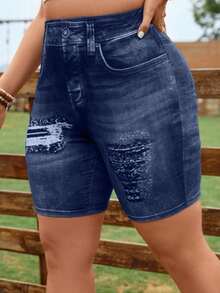 Leggings cortos de efecto vaquero digital de talla grande - Azul marino - Ver 3