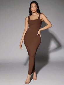 Vestido de tirantes sólido - Marrón Chocolate - Ver 5