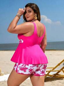 Traje de baño tankini de 2 piezas con estampado y cruce en talla grande para mujer - Rosa - Ver 2