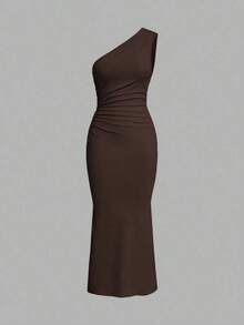 Vestido maxi de cola de pez con hombro asimétrico arrugado de unicolor sin mangas - Marrón Chocolate - Ver 1