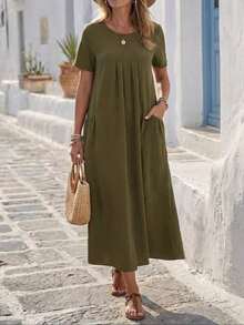 Vestido casual de mujer de unicolor con doble bolsillo - Verde - Ver 5