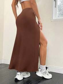 Falda midi fruncida con abertura en la falda, de color liso y plisada, para uso casual diario, en color negro natural, apta para primavera/otoño - Café integral - Ver 2