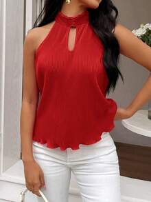 Camiseta sin tirantes de mujer con cuello halter, frente hueco y plisado en color solido - Rojo - Ver 5