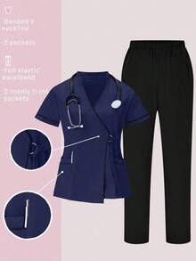 Conjunto de uniformes médicos: Parte superior de cuello en V de manga corta y pantalones para trabajadores de la salud - Azul marino 2 - Ver 9