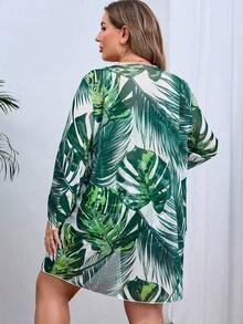 Conjunto de traje de baño estampado tropical de talla grande top de tirantes con cordón y kimono de verano para mujer moda 3 piezas - Turquesa - Ver 2