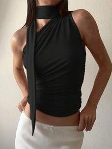 Camiseta sin mangas de mujer de unicolor, con cuello alto, pliegues calados - Negro - Ver 1