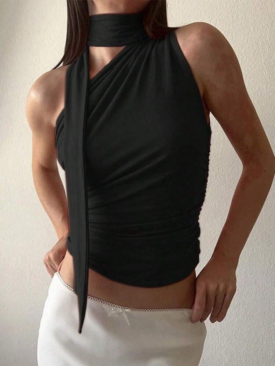 Camiseta sin mangas de mujer de unicolor, con cuello alto, pliegues calados - Negro - Ver 1