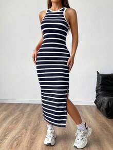 Vestido tank de rayas de muslo con abertura - Azul marino - Ver 6
