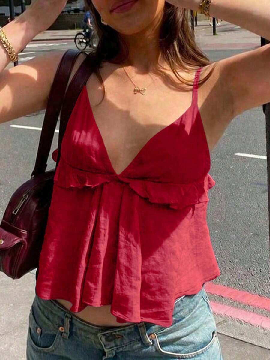 Top tipo camiseta con tirantes finos, escote en la espalda, volantes y holgado, de color amarillo dulce, para mujer, para el verano - Rojo - Ver 1