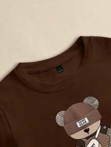 Conjunto de camiseta de manga corta con cuello redondo y estampado de oso de dibujos animados, y pantalones a rayas con cordón en la cintura para mujer - Marrón - Ver 4
