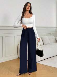 Tall Pantalones anchos de cintura alta de unicolor y versátiles, pantalones de cintura alta de estilo casual de otoño e invierno, pantalones negros de mujer, pantalones negros de vestir de pierna ancha, pantalones negros casuales, pantalones de esti - Azul marino - Ver 5
