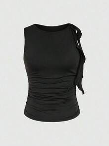 Blusa sin mangas de cuello redondo de unicolor con nudo delantero, estilo minimalista y casual para mujer - Multicolor 2 - Ver 3