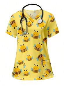 Conjunto de uniforme de enfermera de 2 piezas con parte superior con estampado de gráfico de gato lindo y pantalón recto de pierna recta, de color azul grisáceo, con cuello en V, manga corta, bolsillo y diseño de oreja colgante, para primavera/ve - Amarillo - Ver 7