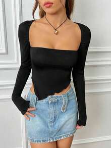 Camiseta corta de manga larga ajustada con borde asimétrico en onda, primavera negro - Negro - Ver 5