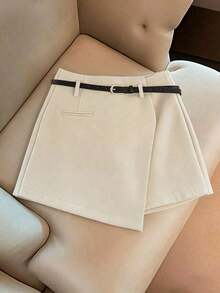 Pantalones con falda asimétrica de moda casual para ir al trabajo, pantalones cortos multifuncionales para mujer sin cinturón, pantalones con falda asimétrica a juego sin cinturón, falda asimétrica, falda con dobladillo asimétrico, falda pantalón - Caqui 2 - Ver 1