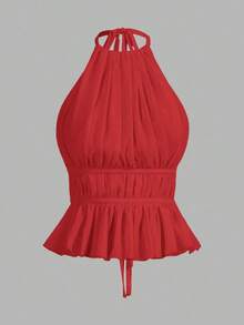 Top sin espalda de tirantes con pliegues y cordón en color negro, informal de verano para salir - Rojo - Ver 5