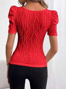 Privé Camiseta de cuello cuadrado de manga farol - Rojo - Ver 2