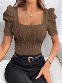 Privé Camiseta Casual Con Cuello Cuadrado Y Manga Corta Texturizada - Café integral - Ver 7
