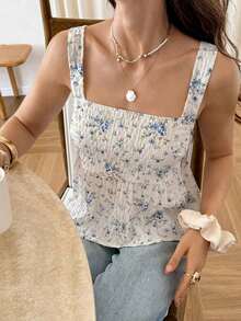 Top de tirantes con estampado floral ditsy y espalda descubierta, estilo playa/vacaciones para mujer - Celeste - Ver 6
