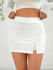 Falda de verano, falda recta con aberturas laterales para mujer, falda casual y sexy de cintura alta con corte mini, lisa, negra, para uso diario casual en primavera/verano - Blanco - Ver 5