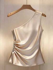 elegante de mujer con cuello oblicuo, adorno de botones y ribete plisado - Albaricoque - Ver 3