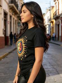 ¡Oferta por tiempo limitado, unidades limitadas,  relámpago! Camisas casuales para mujer, camisetas de poliéster para mujer, camisas elegantes. ,Camiseta de mujer con estampado de mandala y luna, cuello redondo, estilo bohemio y ligero, ideal para fiestas o regalos, lavable a máquina y perfecta para cualquier época del año. - Negro - Ver 2
