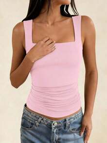 Camiseta sin mangas ajustada de unicolor con cuello cuadrado para mujer , Chaleco de unicolor minimalista y retro, Camiseta de punto sin espalda de moda de verano, Versátil y casual, Adecuado para el trabajo y el transporte - Rosa - Ver 8