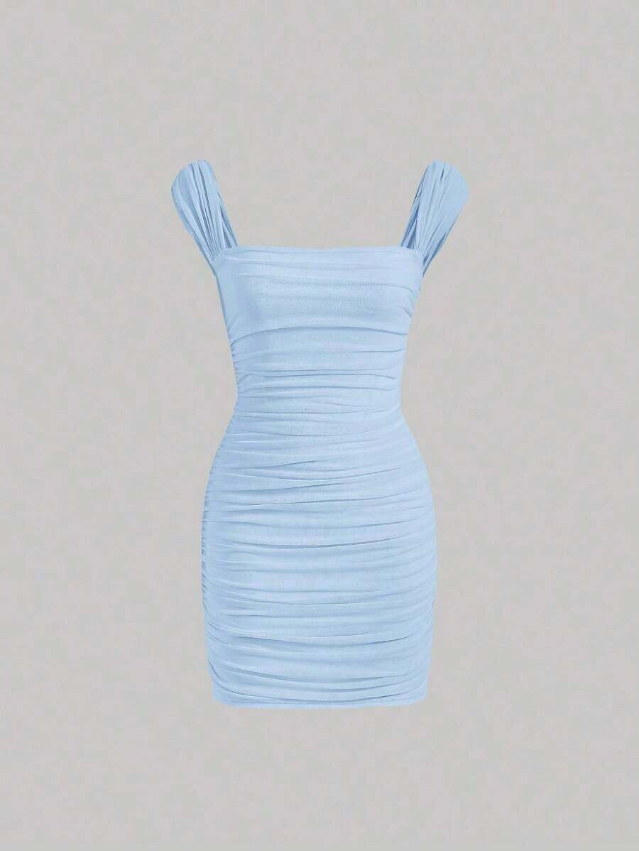 Vestido ajustado de cuello cuadrado fruncido - Celeste - Ver 1