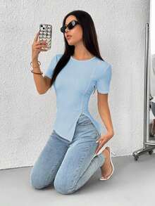 Camiseta de cuello redondo con abertura lateral y decoración de lazo con cristales para mujer - Celeste - Ver 6